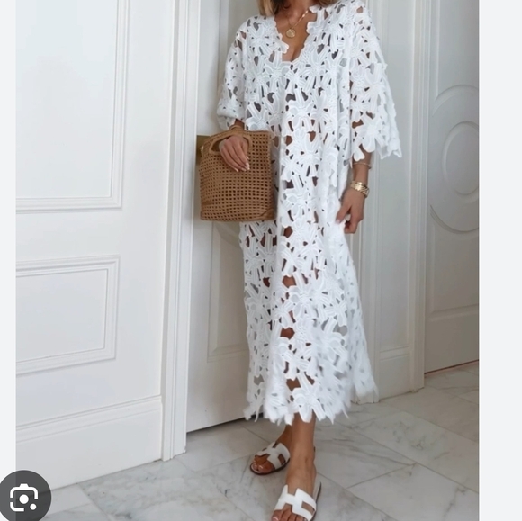 Floral Eyelet Kaftan White Midi Dress with Collar and Flutter Sleeves - Picture 5 of 16